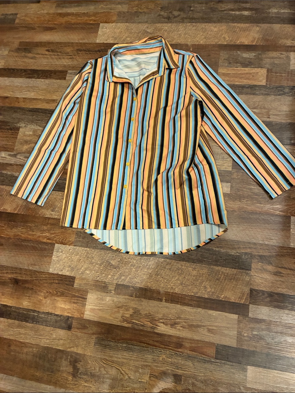 Women's Striped Button-Front Blouse in Mustard & Light Blue